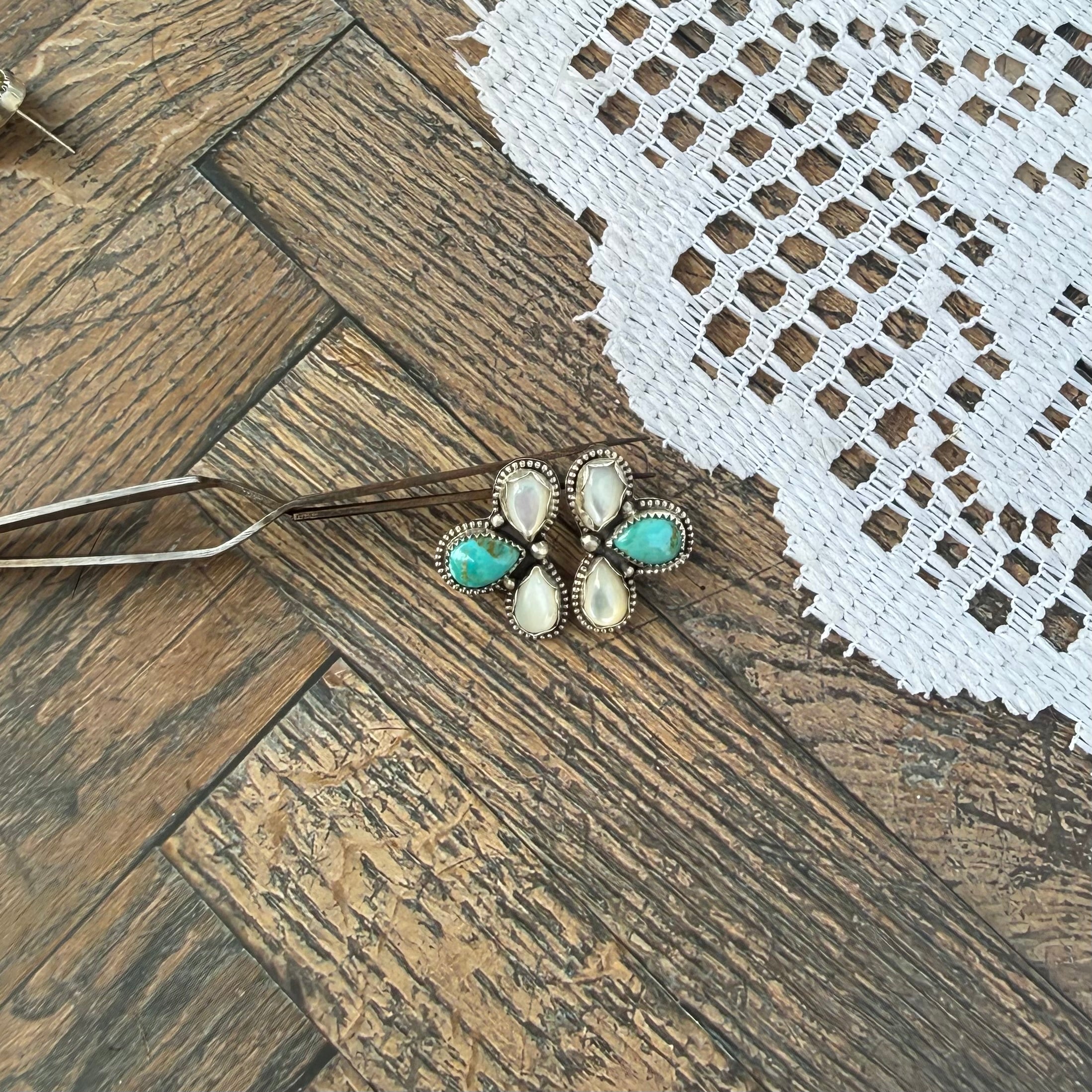 Mother of Pearl & Kingman Cluster Earrings